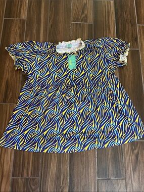 Short-Sleeve Ruffled Peasant Top in Blue & Yellow